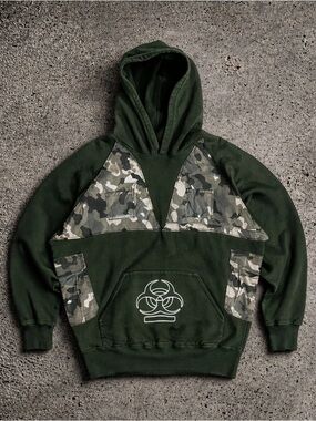 ABO Dark Green Hoodie with Camo Panels and Biohazard Graphic
